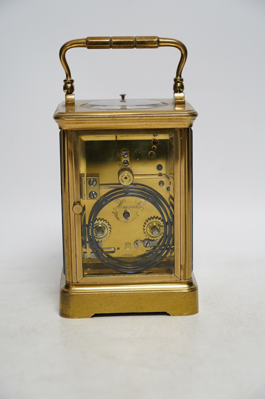 A late 19th century Henri Jacot brass cased eight day repeating carriage clock, 15cm. Condition - good, not tested as working